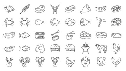 Meat and Seafood Line Icons — Minimalist Black and White Food Illustration Grid Featuring Animal and Meal Symbols on White Background