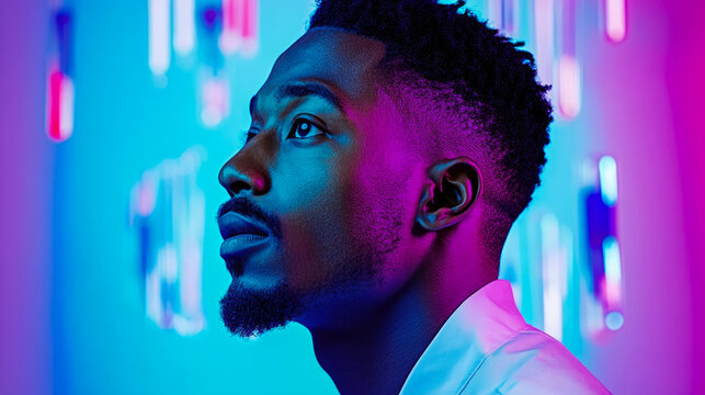 Thoughtful young Black man in profile, illuminated by vibrant cyan and magenta neon lights, gazing upward with contemplative expression against blurred futuristic backdrop