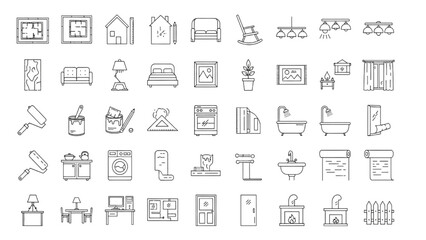 Home Interior Design Line Icons — Minimalist Black and White Vector Set of Furniture, Tools, and Decor Elements on White Background