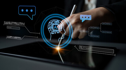 AI neural head with data connections and speech bubbles symbolizing smart data generation, learning, and analysis Parse