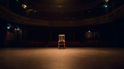 An empty theater stage with a single wooden chair under a solitary spotlight. event programs, museum guides, designed for cultural heritage projects and event programs, preserves heritage.