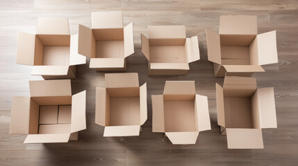 Unpacked shopping boxes arranged on a wooden surface, representing e-commerce and modern shopping. pitch deck slides.