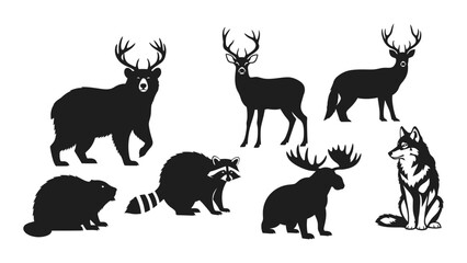 North american wildlife animal silhouettes isolated on white background, Vector