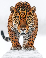 Obraz premium Jaguar stares down, low angle, brown spots, tail visible, snow backdrop