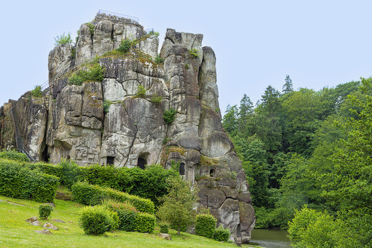 The Externsteine with the artificial lake, a rock formation in the Teutoburg Forest near Horrn-Bad Meinberg