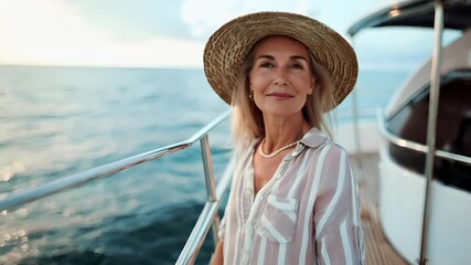 A woman in a straw hat stands on a boat, gazing out over the ocean during sunset. The sun casts a warm, golden hue over the scene, reflecting off the calm waters of the sea.