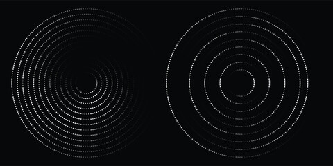 Halftone circular dotted frames set. Circle dots texture isolated on white background. Spotted spray texture. Vector abstract design element spiral circle sound wave vector logo modern black and white