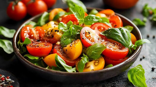 Fresh tomato and basil salad in a bowl isolated on white background