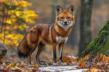 Obraz premium Maned wolf in autumn forest, looking at viewer