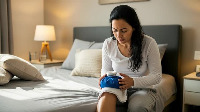 Woman applying ice pack to injured knee at home, seeking pain relief and recovery, 4k high quality