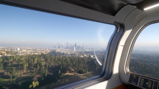 View from modern transport vehicle window overlooking urban landscape and city skyline
