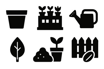 Urban Gardening Icons. Urban Gardening silhouette icon set: pot, rooftop garden, watering can, fence, leaf, soil, plant, seed.