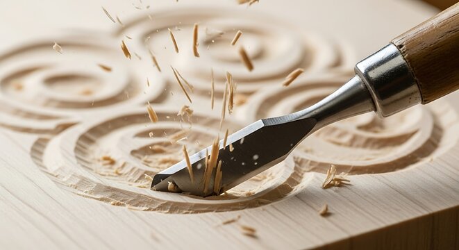 Detailed view of wood carving craft with chisel and wood shavings