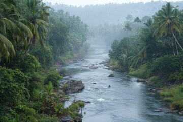 Scenic river flowing through lush green forest landscape under misty conditions.