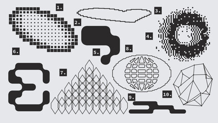Vector Graphic Assets Set. Shapes in Y2k style, Futuristic, Brutalist, Anti-design