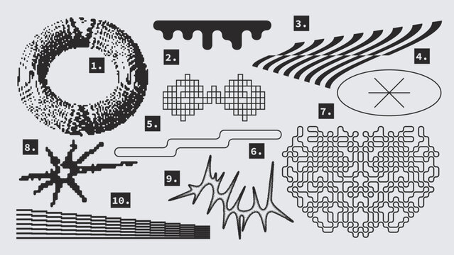 Vector Graphic Assets Set. Shapes in Y2k style, Futuristic, Brutalist, Anti-design