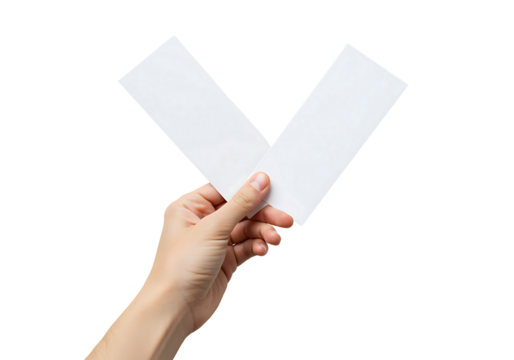 A hand delicately holds a white folded paper shaped like a check mark.