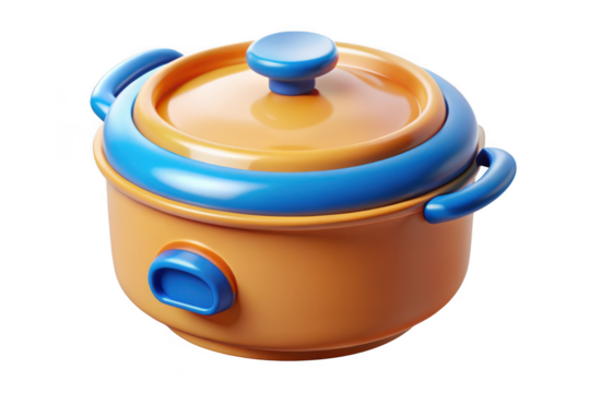 Stock pot clipart vector illustration, cooking pot graphic, kitchenware design element, orange and blue pot isolated on transparent background