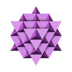 Sacred Geometry 3D Tetrahedron platonic solids, 64 Tetrahedrons Grid, purple logo design, low poly shapes polygonal faces, geometric texture, vector illustration isolated on white background
