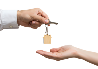 Hands exchanging keys with a house shaped charm symbolizing home ownership transfer.