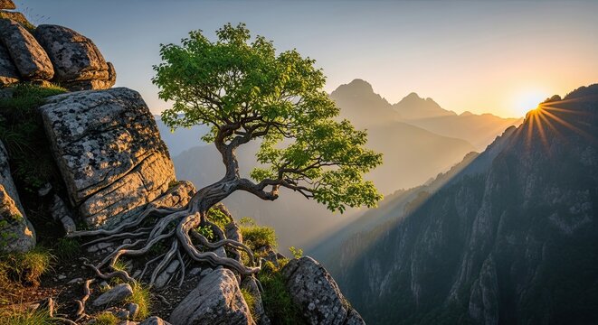 Lone Tree Growing Out of Rocky Cliffside in Mountain Landscape at Sunset