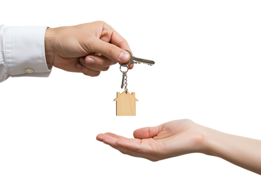 Hands exchanging keys with a house shaped charm symbolizing home ownership transfer. - Powered by Adobe