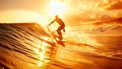A surfer is captured in a dynamic pose, riding a wave during sunset. The surfers silhouette is sharply defined against the golden hues of the setting sun, which casts a warm glow over the scene. - Powered by Adobe