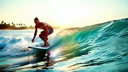 A surfer is captured midride riding a wave during sunset. The sun casts a golden hue over the scene, highlighting the contours of the water and the surfers form. The surfer, wearing blue shorts.