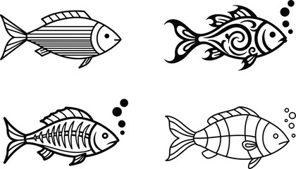 Stylized fish, skeletal design, tribal pattern, aquatic icon, marine life, cad drawing flat vector illustration
