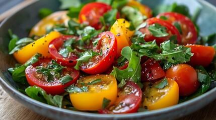 Fresh heirloom tomato salad with herbs isolated on white background