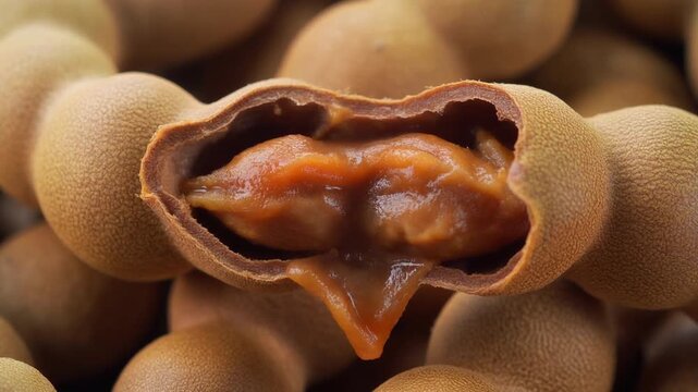 A macro view of a fresh tamarind fruit cracked open, revealing the sticky brown pulp and seeds inside, a popular tropical delicacy