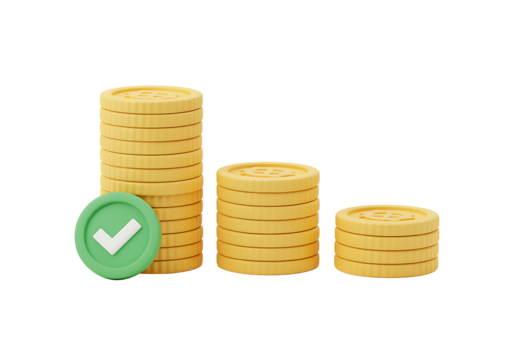 Stacks of golden coins with a green check mark representing financial success.