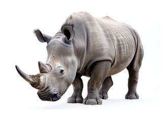 Fototapeta premium Rhinoceros, gray skin, two horns, big animal standing, isolated