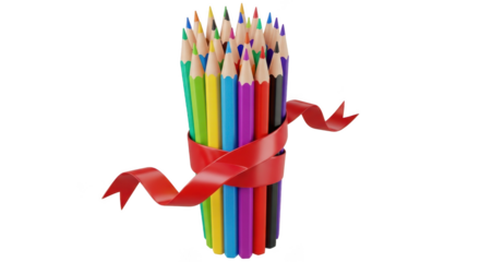 Colorful pencils tied with red ribbon on transparent background