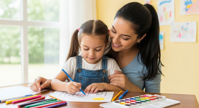 Mother and daughter enjoying creative art time together at home