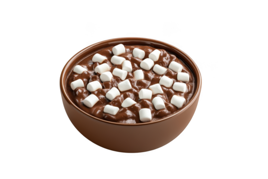 Bowl of hot chocolate with marshmallows, cocoa drink, sweet dessert, food photography, delicious treat, isolated on transparent background