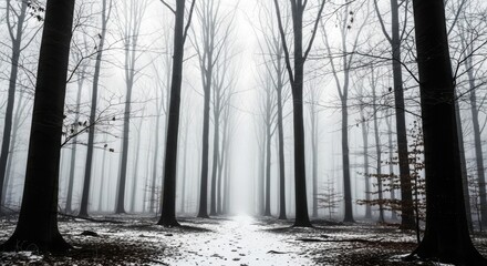 A foggy winter forest scene shows tall trees disappearing into the mist creating a mysterious and atmospheric landscape professional stock photography content