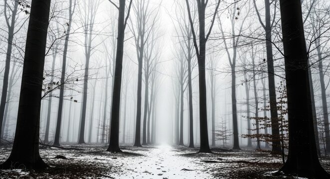 A foggy winter forest scene shows tall trees disappearing into the mist creating a mysterious and atmospheric landscape professional stock photography content