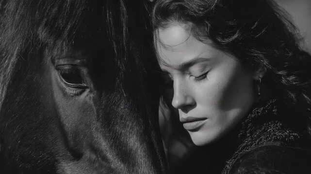 Black and white portrait of a woman with a horse highlighting a bond in nature during golden hour