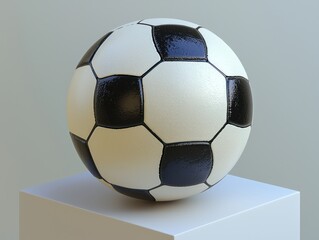 Obraz premium Soccer ball, black & white, sits on a white cubic pedestal