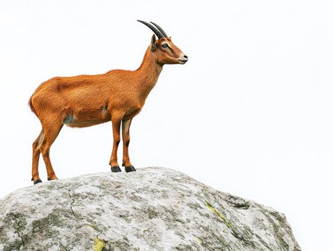 Solitary antelope atop rock, clear background, light brown, slender build