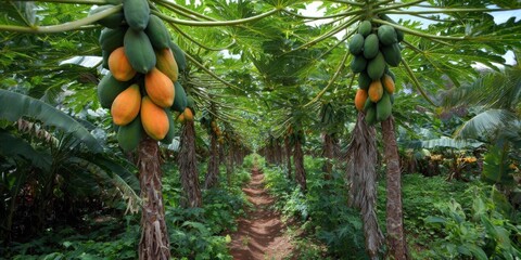 Lush Papaya Orchard - A Tropical Paradise of Ripening Fruits.