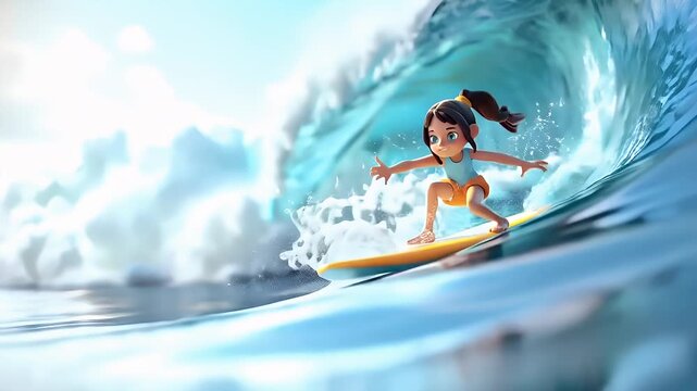A vivid, actionpacked scene of a young girl surfing on a wave. The style is a blend of realism and stylization, with a focus on capturing the essence of the moment rather than intricate details.
