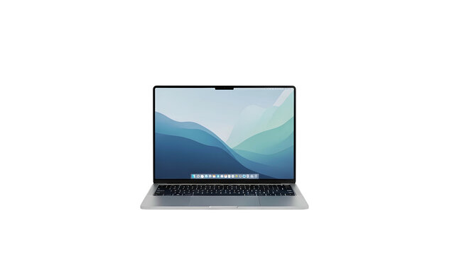 Modern Silver Laptop Computer Open with Mountain Landscape Desktop Wallpaper