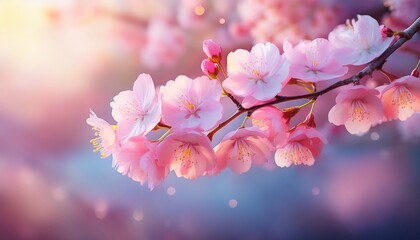 high resolution close up of cherry blossoms in full bloom with a diagonal branch delicate pink petals blurred bokeh background in pastel colors serene spring beauty generative ai