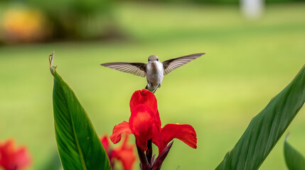 A hummingbird hovers near a red flower, its wings moving fast against a green background. wildlife magazines, conservation campaigns, designed for nature documentaries and education.