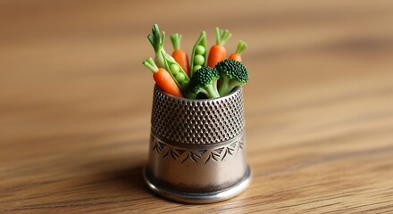 Miniature Vegetable Medley Presented in a Vintage Silver Thimble Still Life