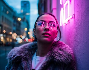 Woman Posing with Neon Light A Portrait in Urban Setting, Reflecting on the City's Energy and Vibe