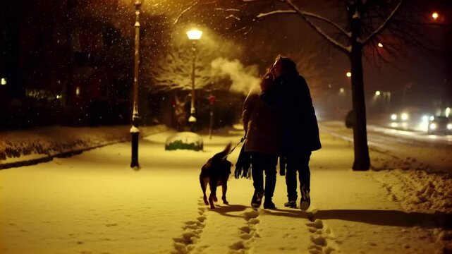 Couple walking dog in snow at night under streetlights, warm yellow light reflecting on snow creating cozy winter mood. Concept of companionship and peaceful evening stroll