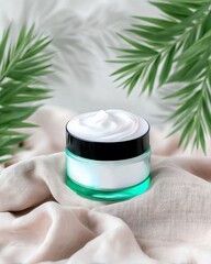 A jar of white cream with a green glass base and black lid sits on a soft, draped fabric, framed by green palm leaves.